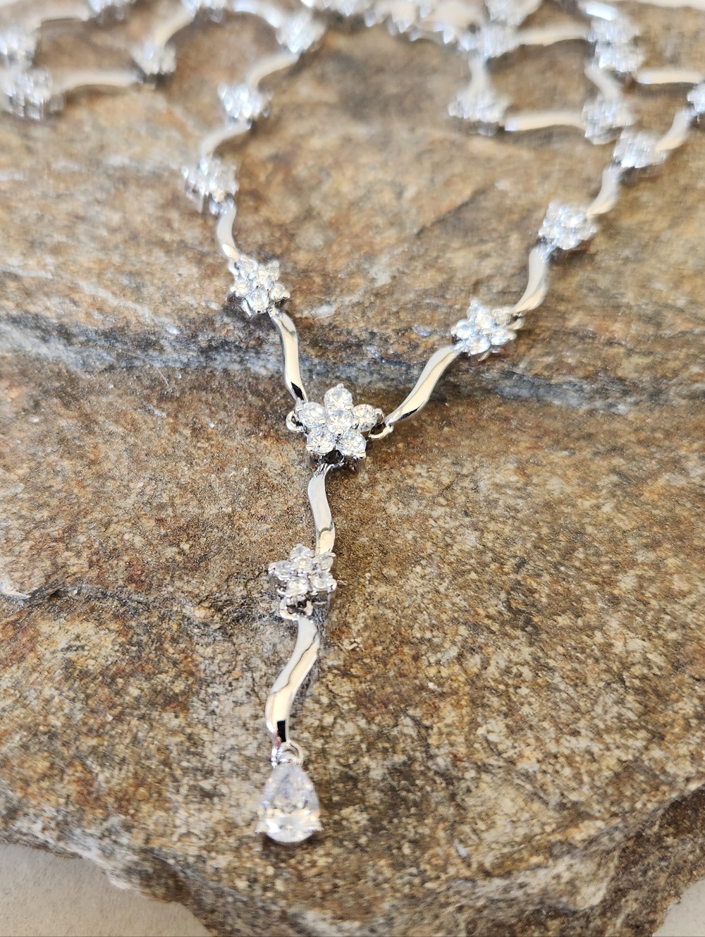 Sterling Silver Rhodium Plated Cubic Zirconia Floral Y Necklace Party Wedding